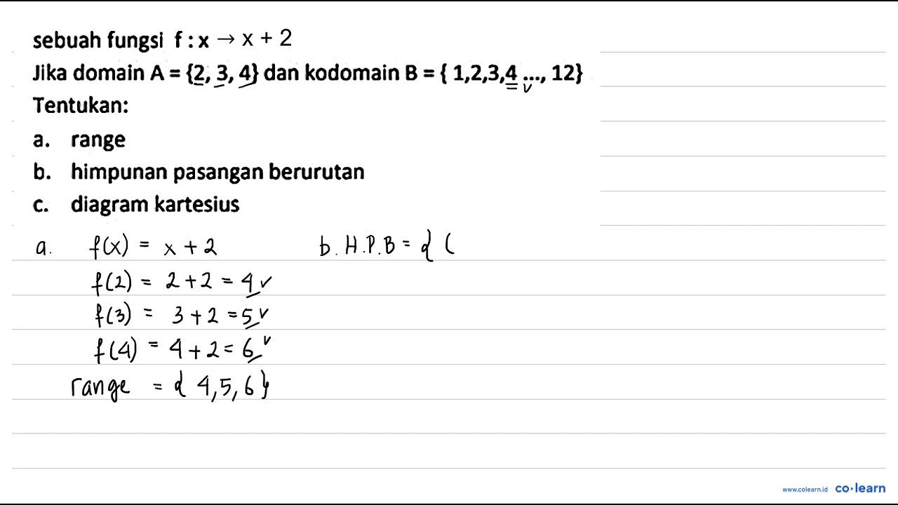 sebuah fungsi f: x -aososonoso-x +2 Jika domain A={2,3,4}