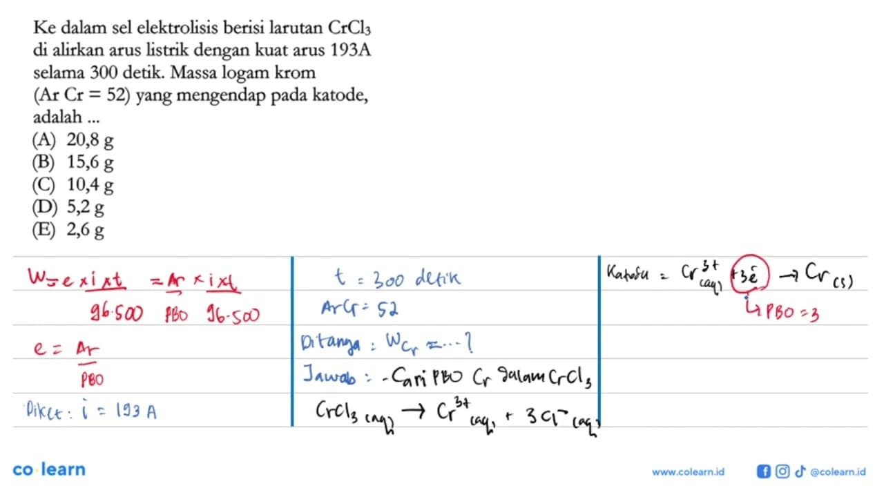 Ke dalam sel elektrolisis berisi larutan CrCl3 di alirkan