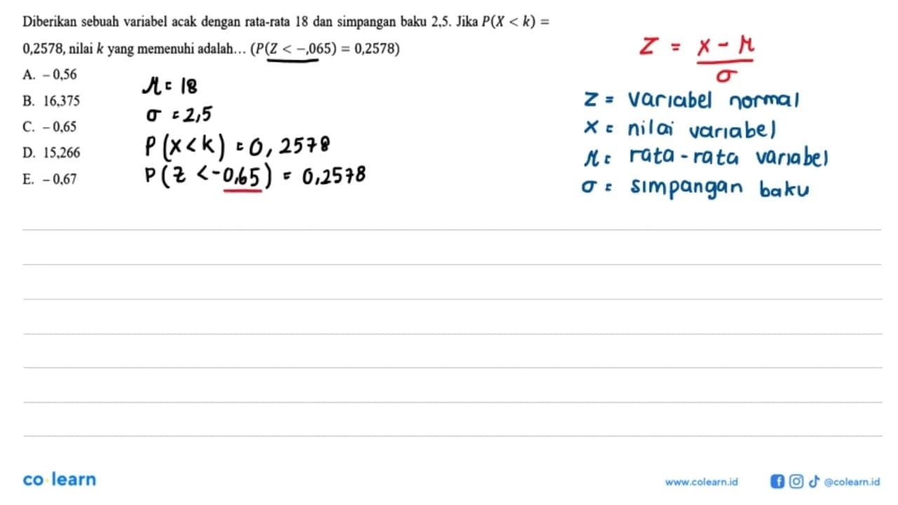 Diberikan sebuah variabel acak dengan rata-rata 18 dan