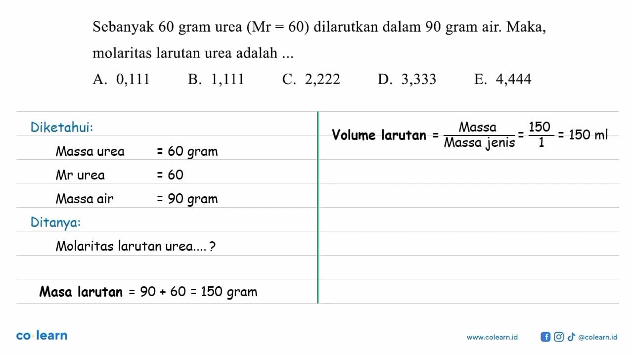 Sebanyak 60 gram urea (Mr = 60) dilarutkan dalam 90 gram