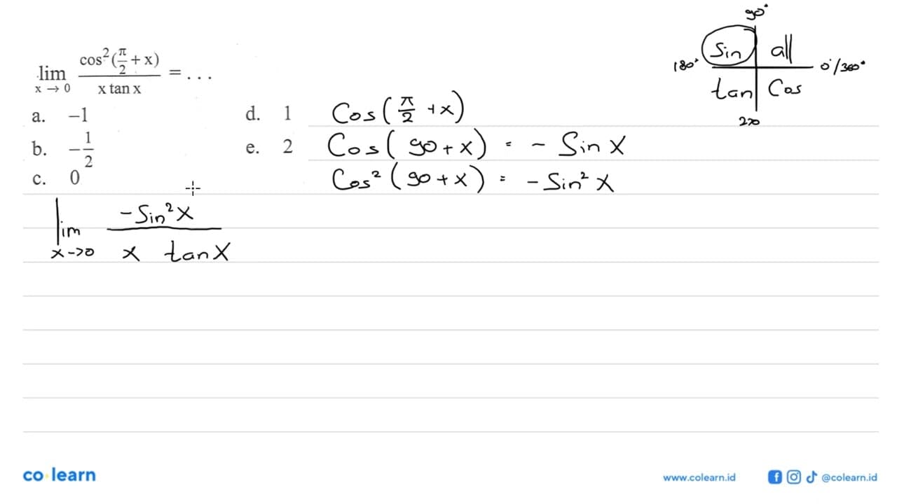 lim x->0 cos^2 (pi/2+x)/x tan x=