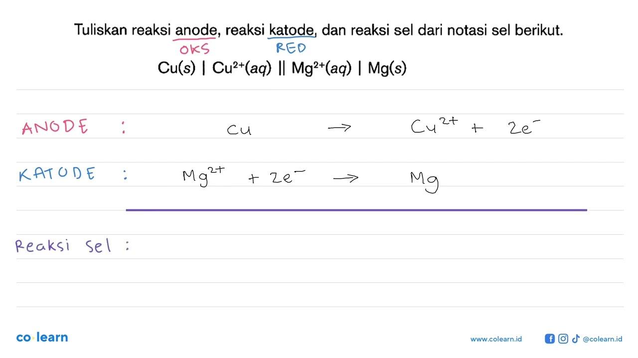 Tuliskan reaksi anode, reaksi katode; dan reaksi sel dari