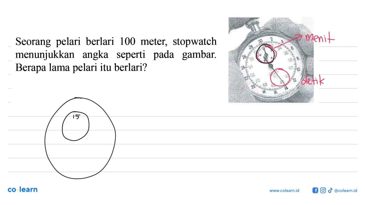 Seorang pelari berlari 100 meter, stopwatch menunjukkan