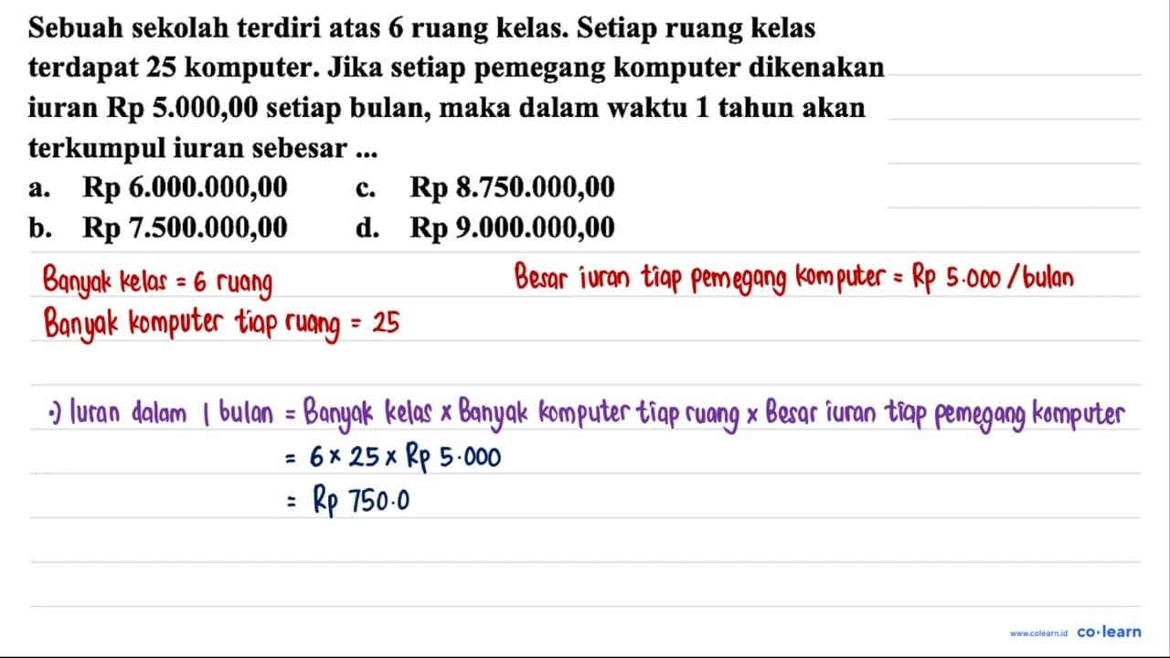 Sebuah sekolah terdiri atas 6 ruang kelas. Setiap ruang