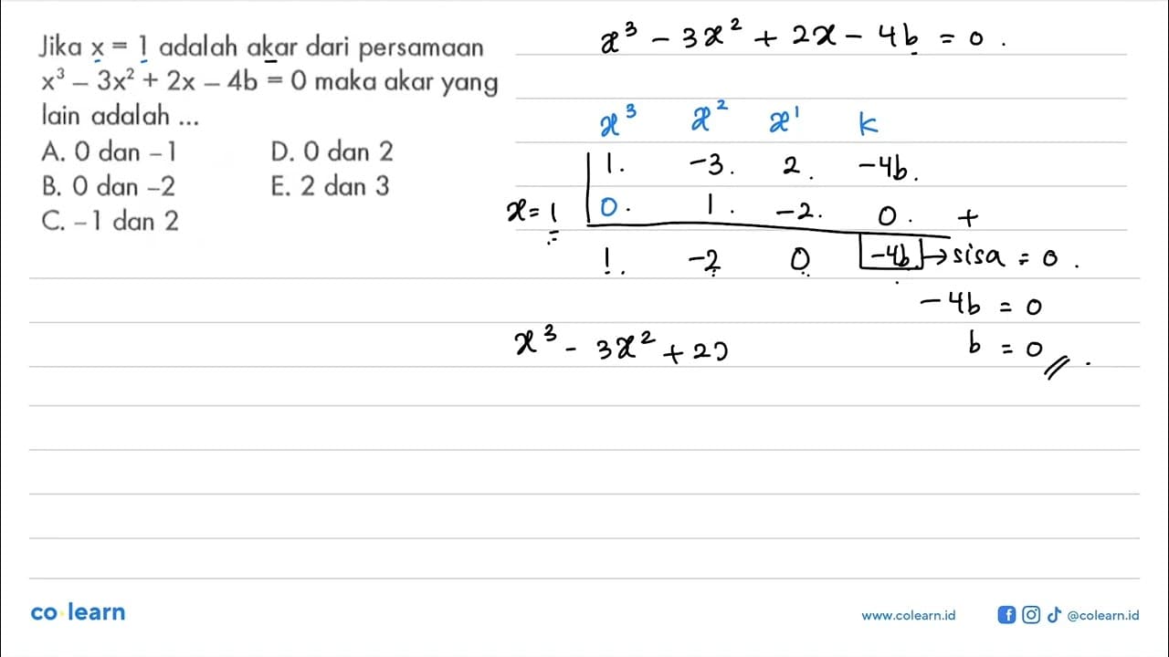 Jika x=1 adalah akar dari persamaan x^3-3x^2+2x-4b=0 maka