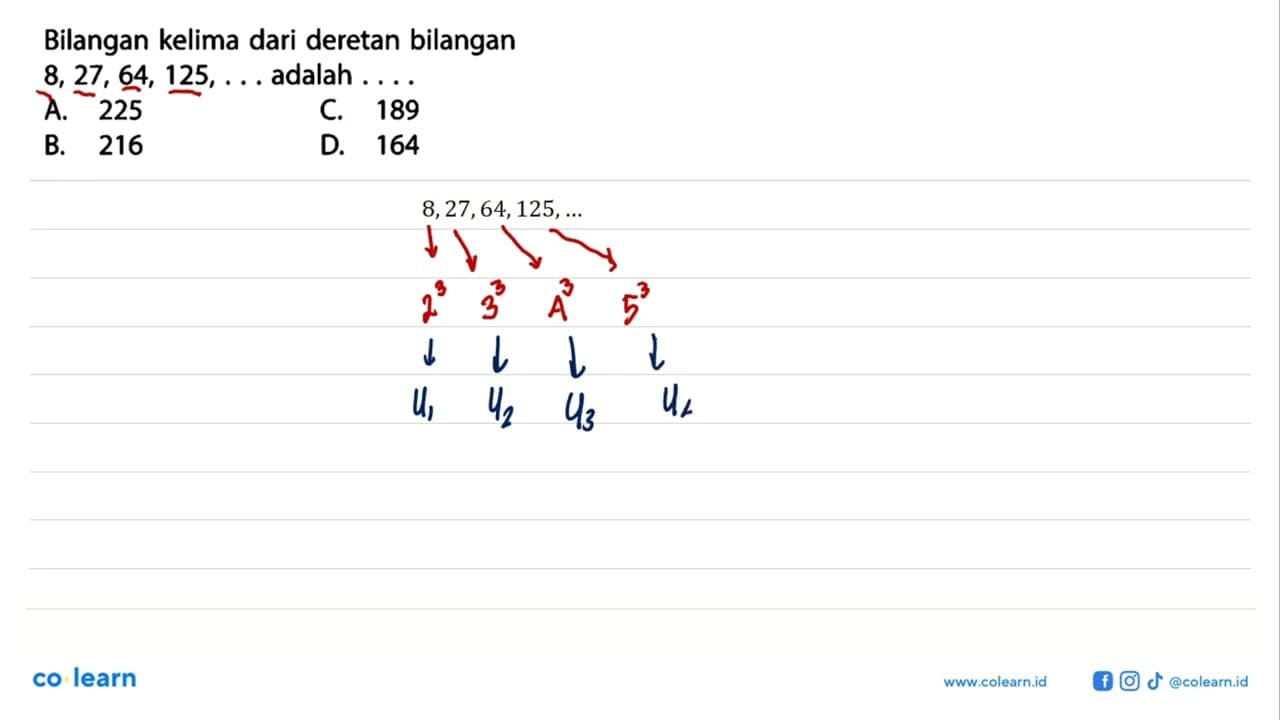 Bilangan kelima dari deretan bilangan 8, 27, 64, 125, ...