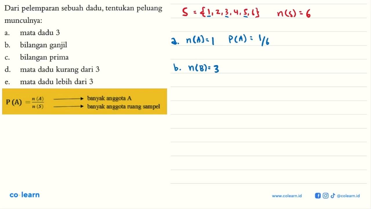 Dari pelemparan sebuah dadu, tentukan peluang munculnya:a.