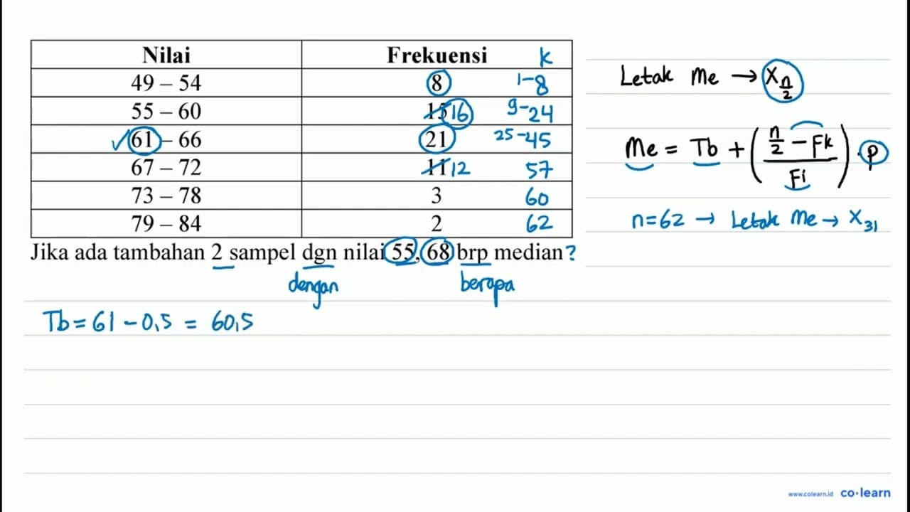 Nilai Frekuensi 49-54 8 55-60 15 61-66 21 67-72 11 73-78 3