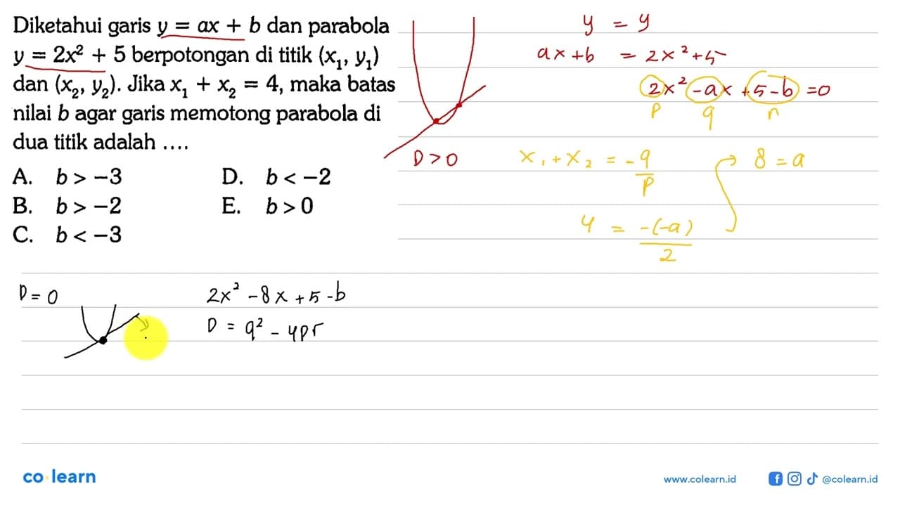 Diketahui garis y=ax+b dan parabola y=2x^2+5 berpotongan di