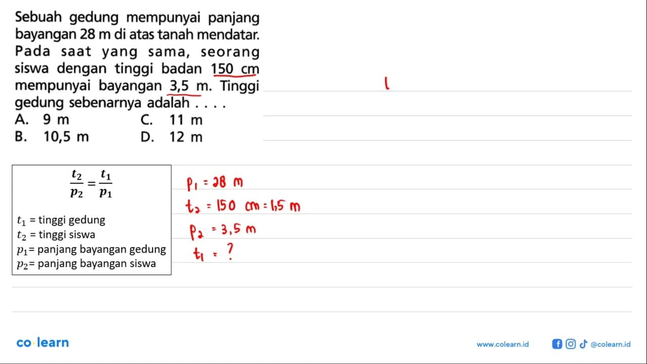 Sebuah gedung mempunyai panjang bayangan 28 m di atas tanah