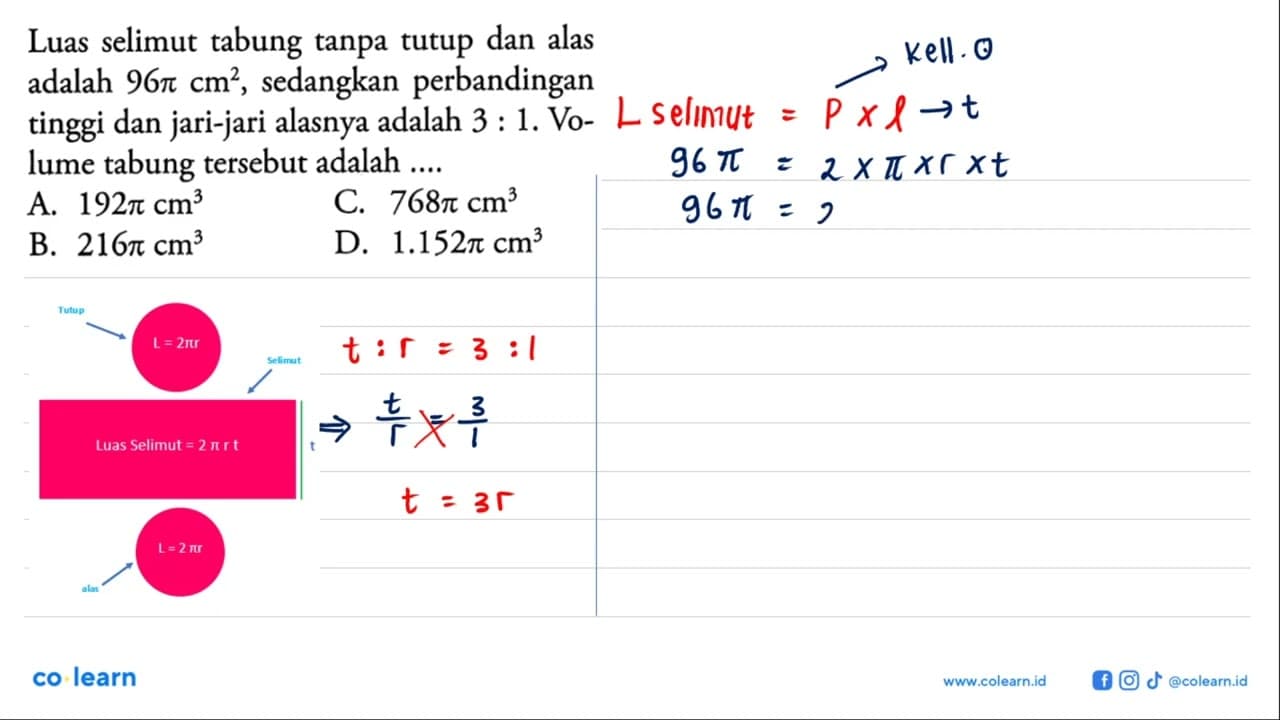 Luas selimut tabung tanpa tutup dan alas adalah 96 pi cm^2,