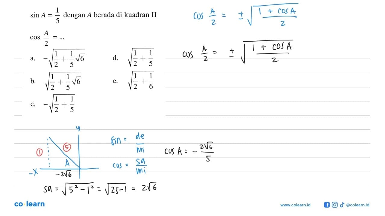 sin A=1/5 dengan A berada di kuadran II cos A/2=...