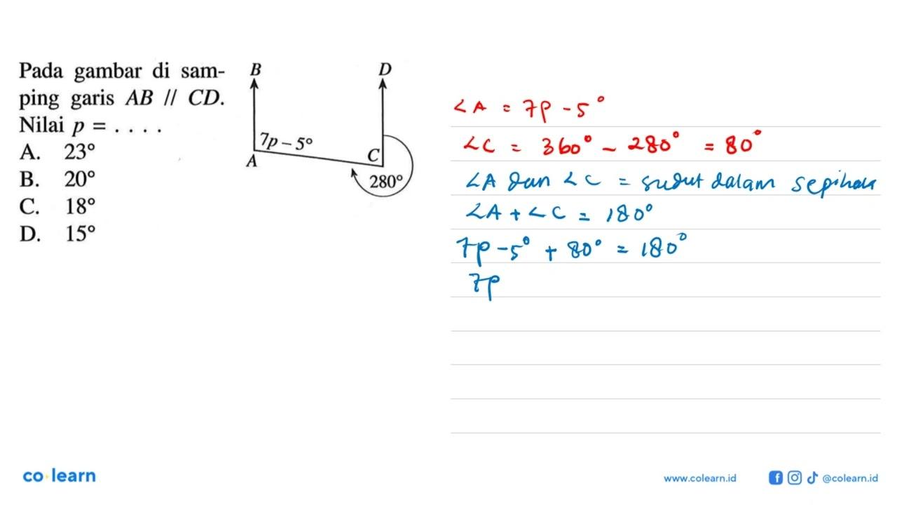 Pada gambar di samping garis AB//CD. Nilai p=A. 23 B. 20 C.