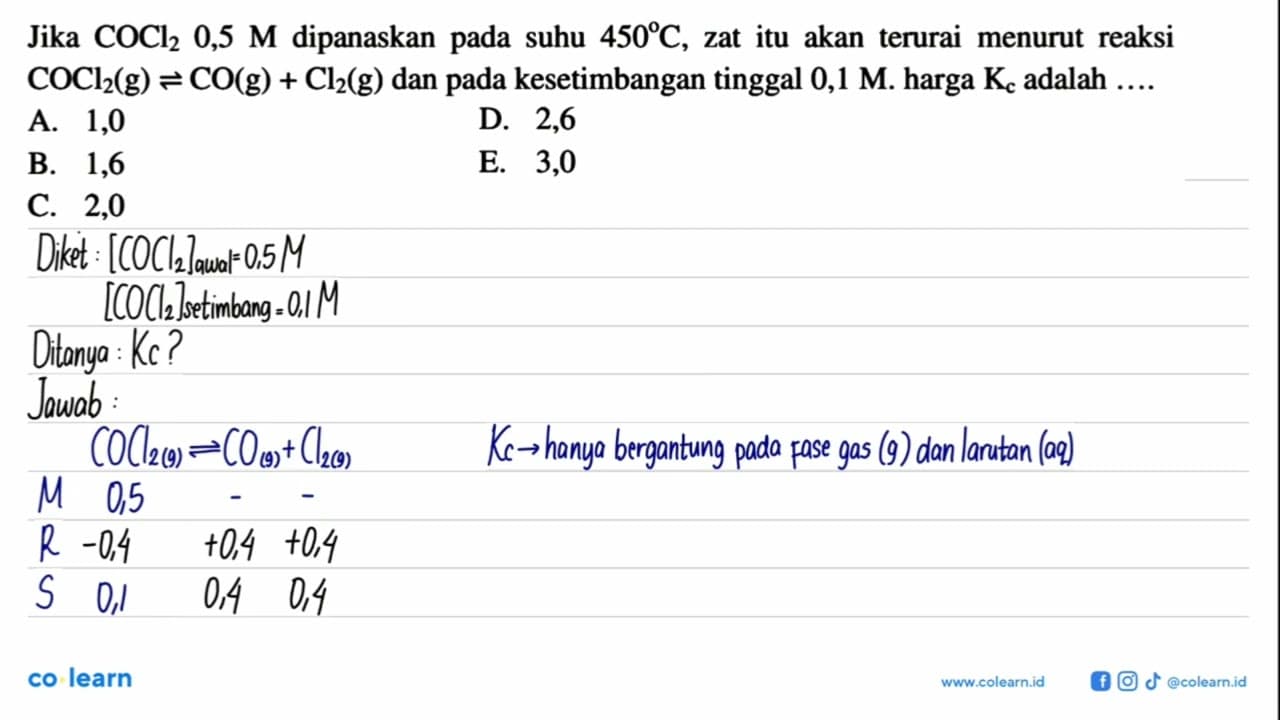 Jika COCl2 0,5 M dipanaskan pada suhu 450 C, zat itu akan