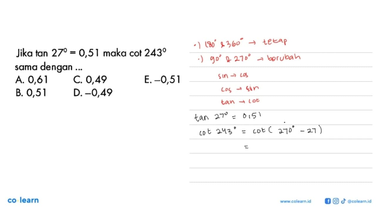 Jika tan27=0,51 maka cot243 sama dengan ...