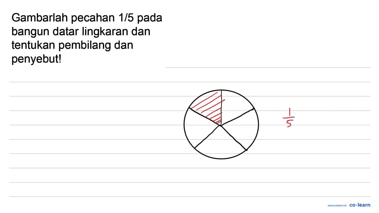 Gambarlah pecahan 1/5 pada bangun datar lingkaran dan