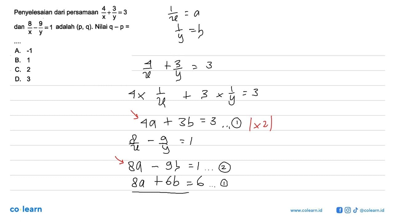 Penyelesaian dari persamaan 4/x + 3/y = 3 dan 8/x - 9/y = 1