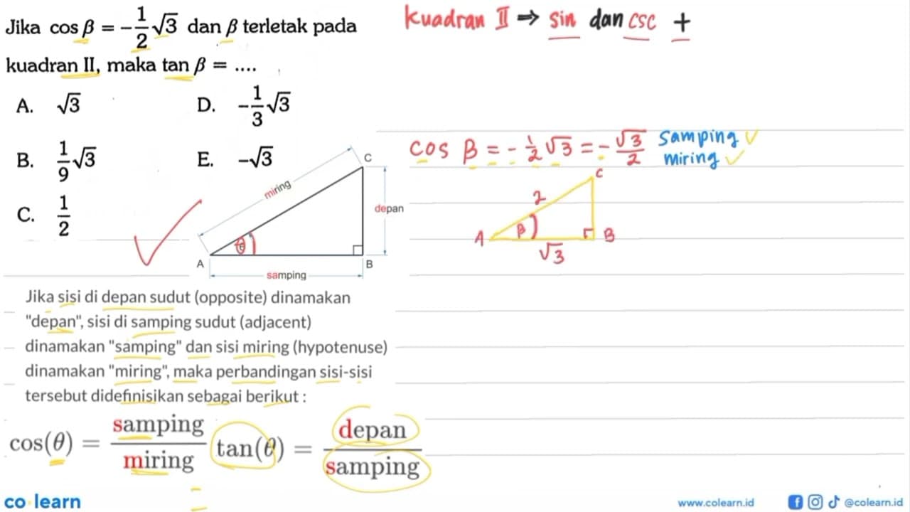 Jika cos b=-1/2 akar(3) dan b terletak pada kuadran II,