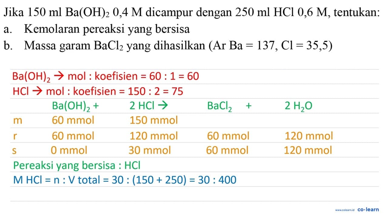 Jika 150 ml Ba(OH)_(2) 0,4 M dicampur dengan 250 ml HCl 0,6