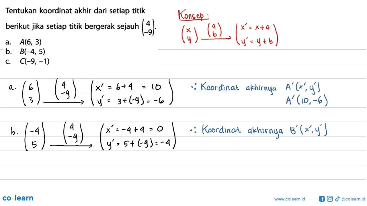 Tentukan koordinat akhir dari setiap titik berikut jika