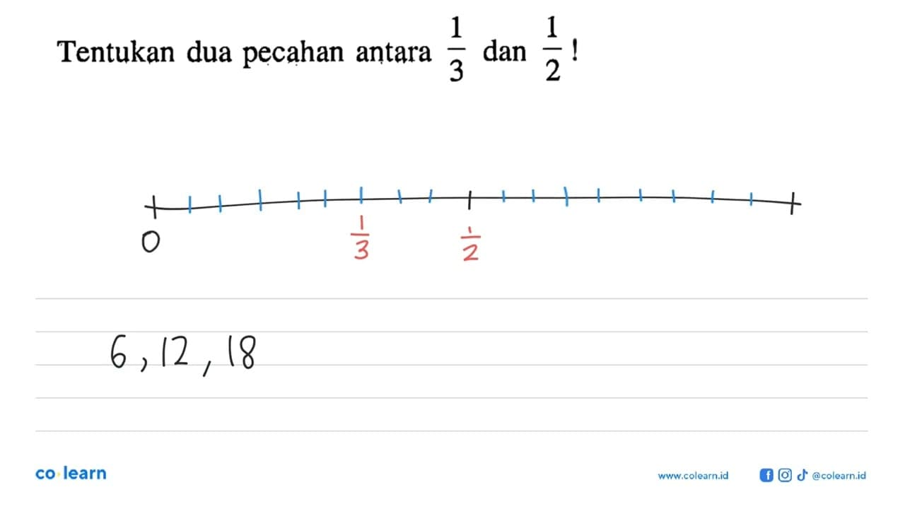 Tentukan dua pecahan antara 1/3 dan 1/2 !