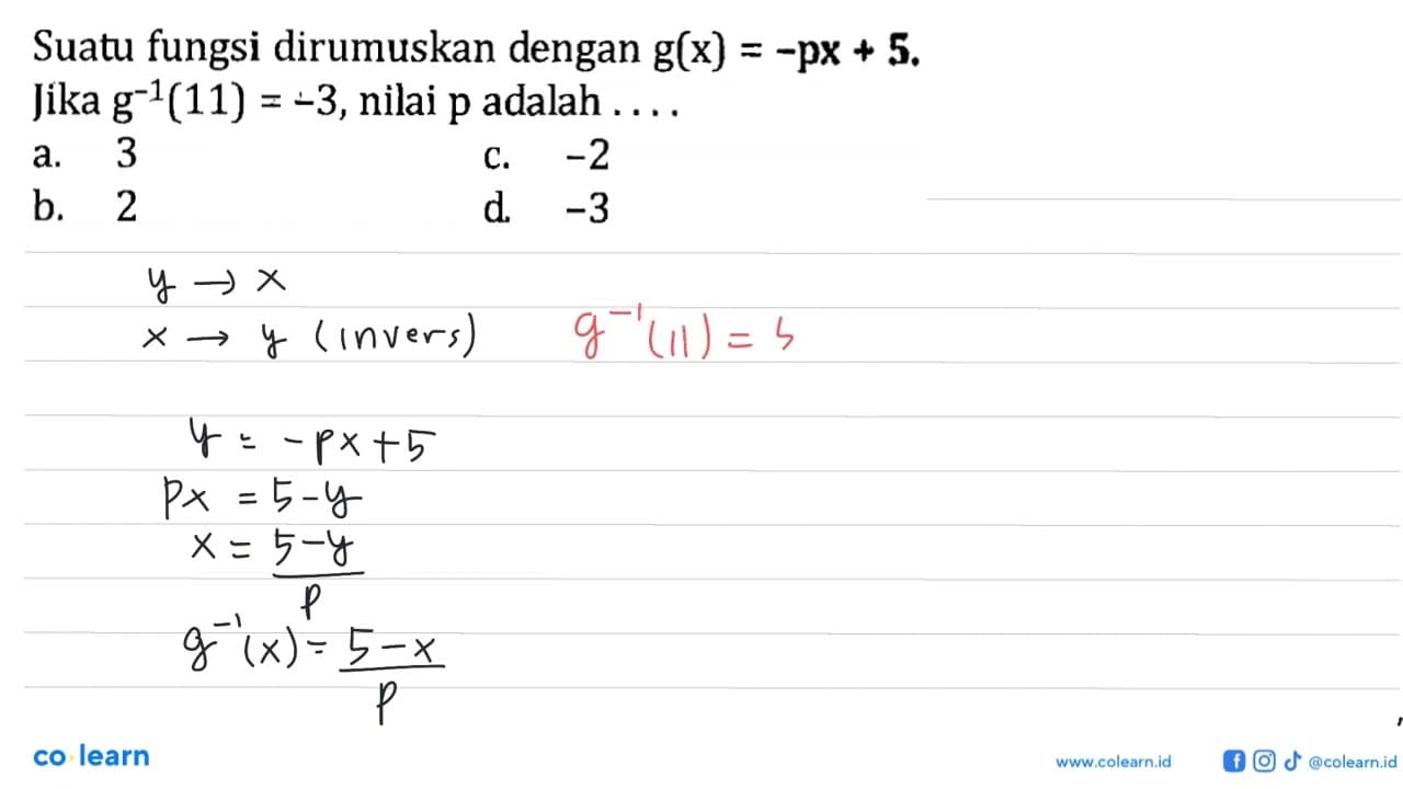 Suatu fungsi dirumuskan dengan g(x) = -px + 5. Jika