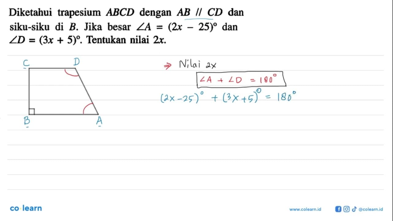 Diketahui trapesium ABCD dengan AB// CD dan siku-siku di B