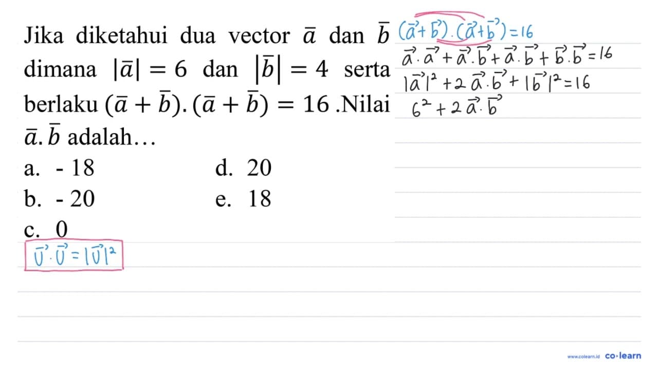 Jika diketahui dua vector a dan b dimana |a| = 6 dan |b| =