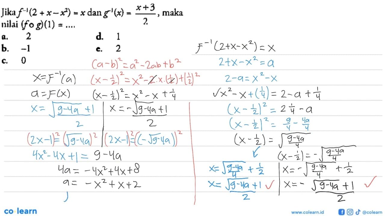 Jika f^(-1)(2+x-x^2)=x dan g^(-1)(x)=(x+3)/2, maka nilai