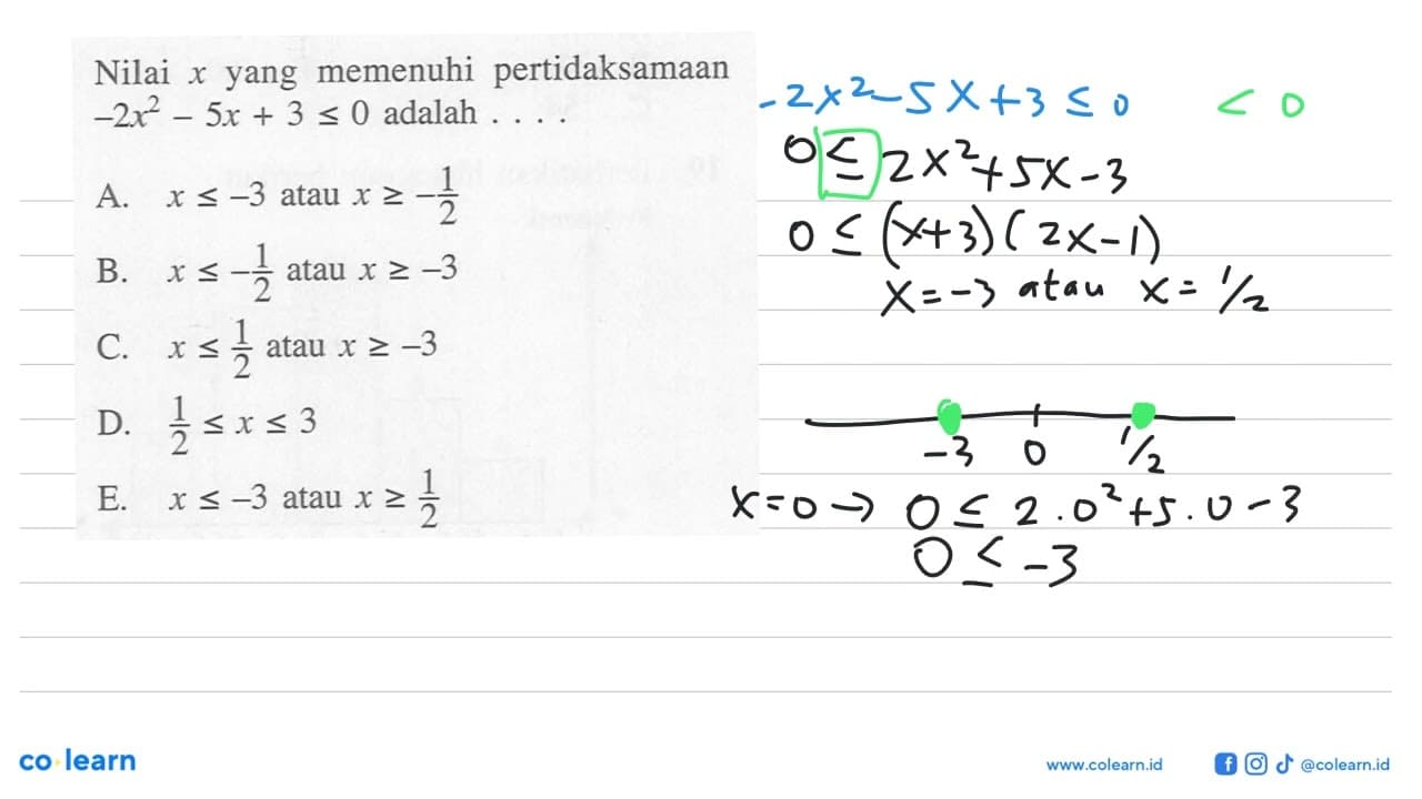 Nilai x yang memenuhi pertidaksamaan -2x^2-5x+3<=0 adalah