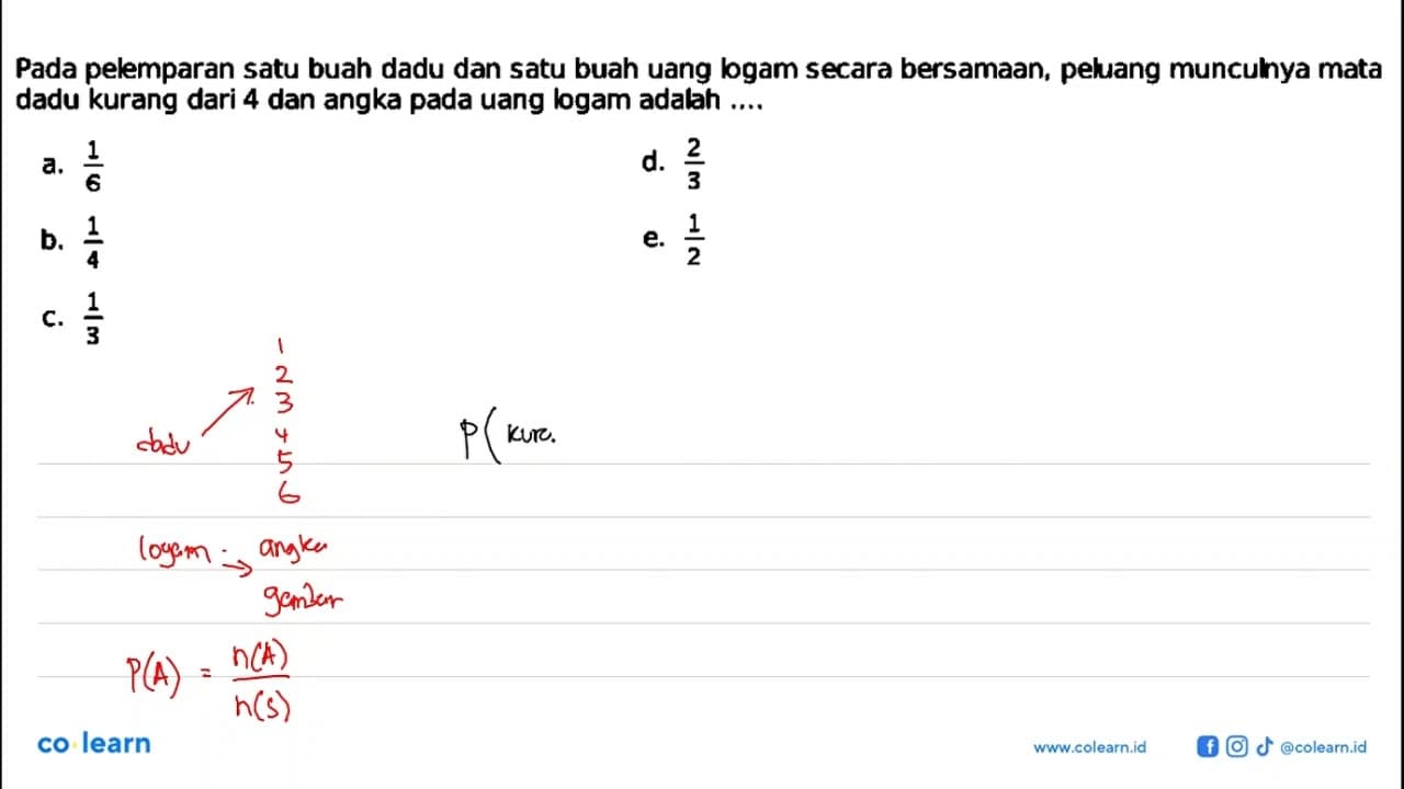 Pada pelemparan satu buah dadu dan satu buah uang bogam