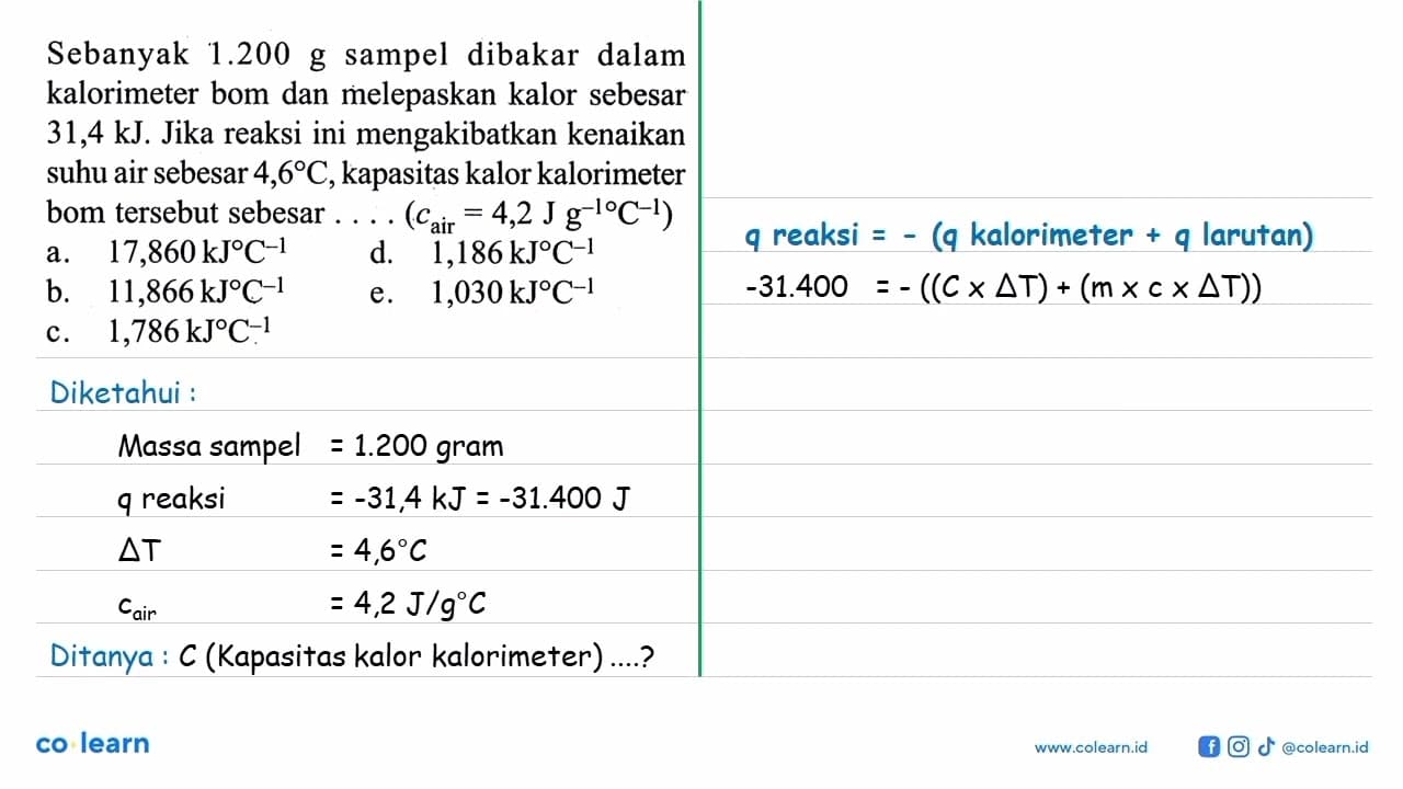 Sebanyak 1.200 g sampel dibakar dalam kalorimeter bom dan