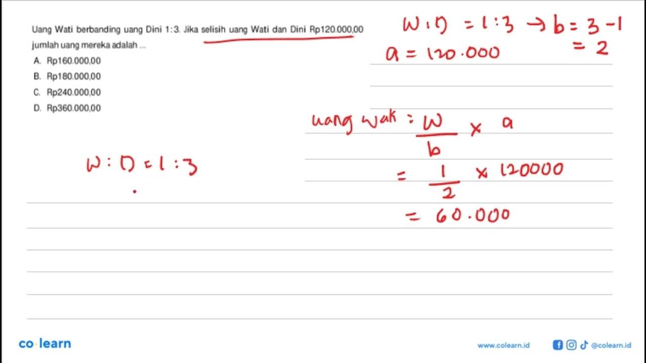 Uang Wati berbanding uang Dini 1:3. Jika selisih uang Wati