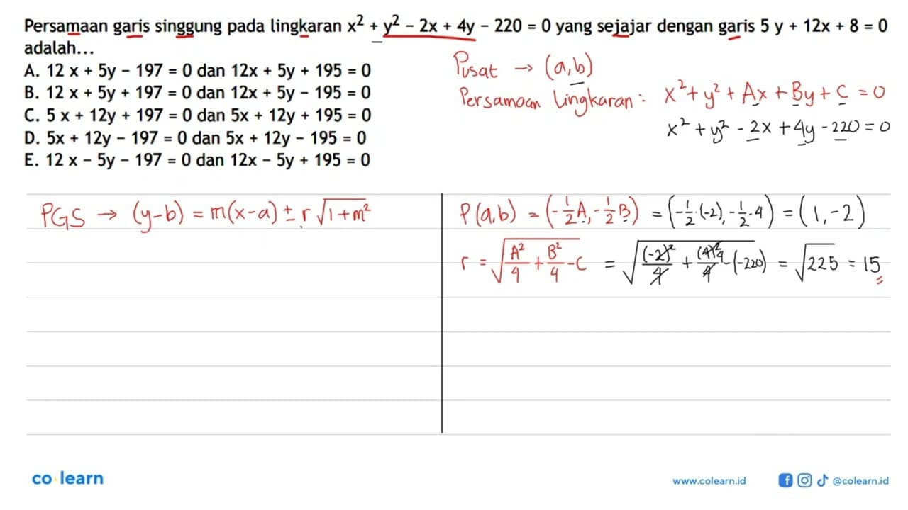 Persamaan garis singgung pada lingkaran x^2+y^2-2x+4y-220=0