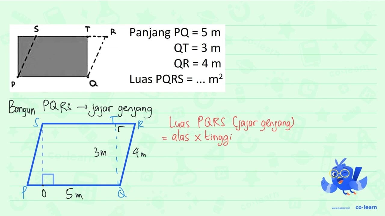 Panjang P Q=5 m QT =3 m QR=4 m Luas PQRS=... m^(2) S T R P