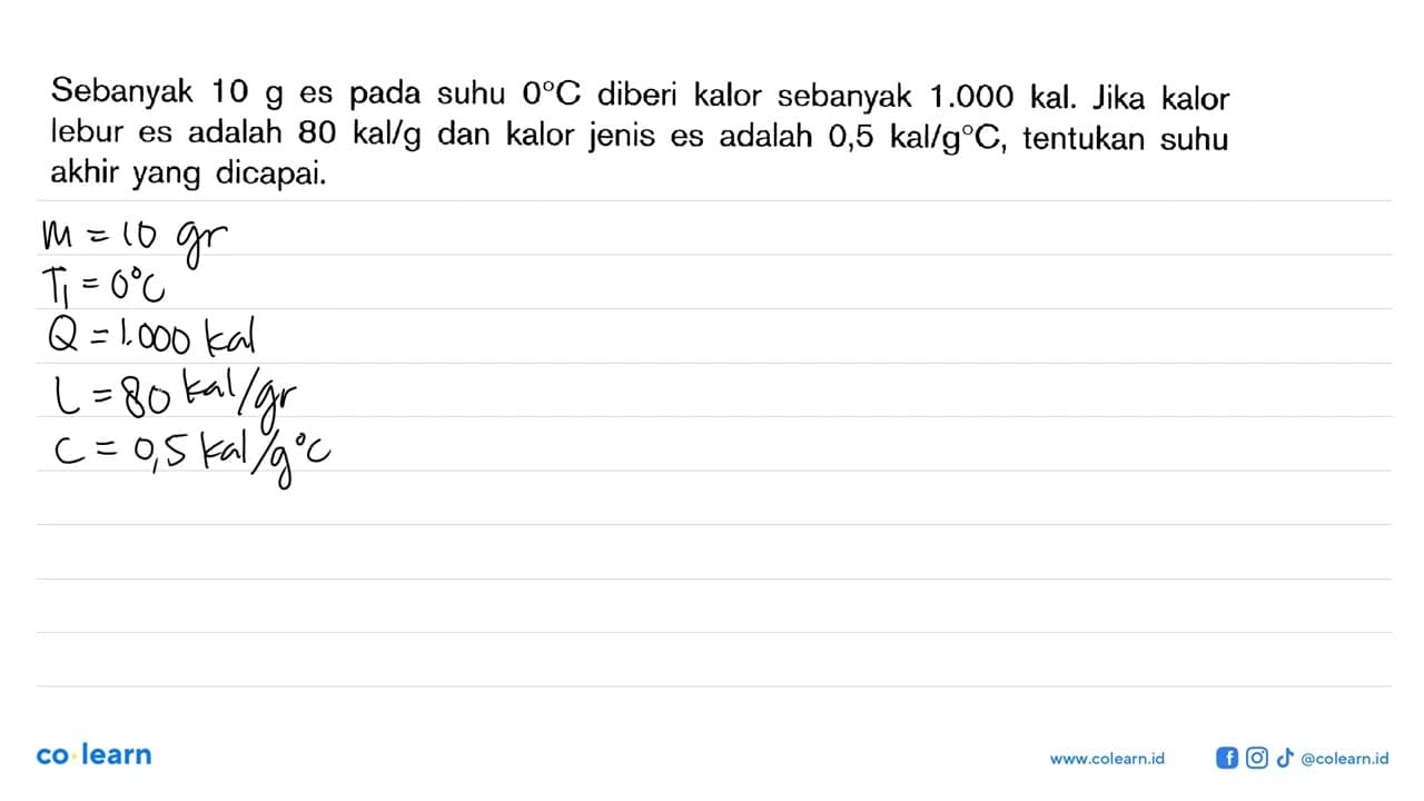 Sebanyak 10 g es pada suhu 0 C diberi kalor sebanyak 1.000