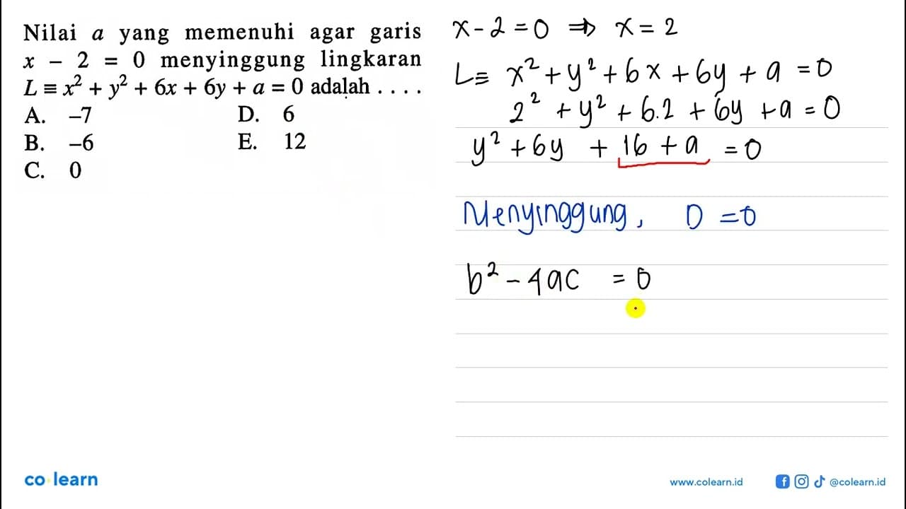 Nilai a yang memenuhi agar garis x - 2 = 0 menyinggung