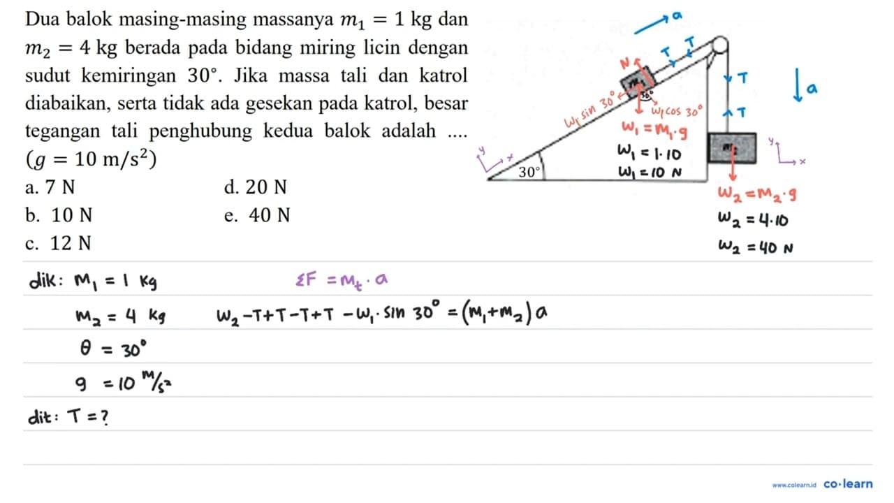 Dua balok masing-masing massanya m_{1}=1 kg dan m_{2}=4 kg