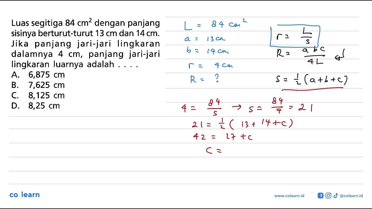 Luas segitiga 84 cm^2 dengan panjang sisinya berturut-turut