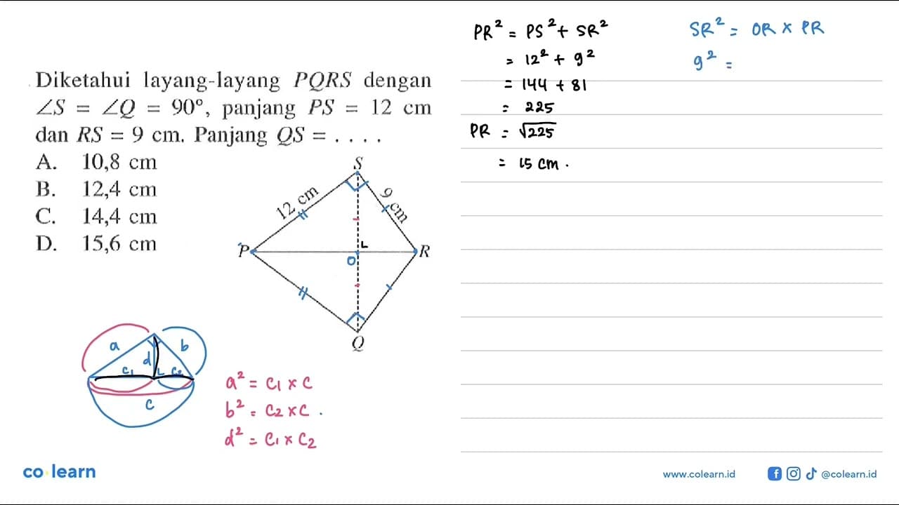 Diketahui layang-layang PQRS dengan sudut S=sudut Q=90 ,