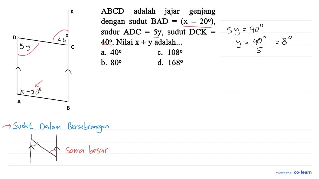 K D C A B ABCD adalah jajar genjang dengan sudut BAD = (x -