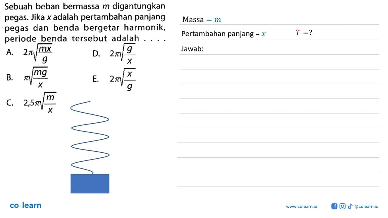 Sebuah beban bermassa m digantungkan pegas. Jika x adalah