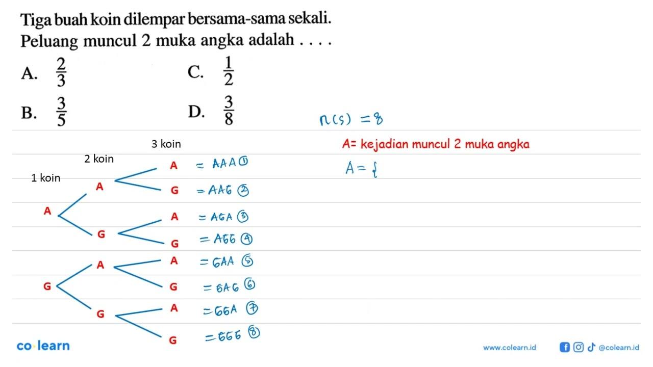 Tiga buah koin dilempar bersama-sama sekali. Peluang muncul