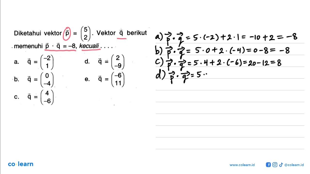 Diketahui vektor p=(5 2). Vektor q berikut memenuhi p.q=-8,