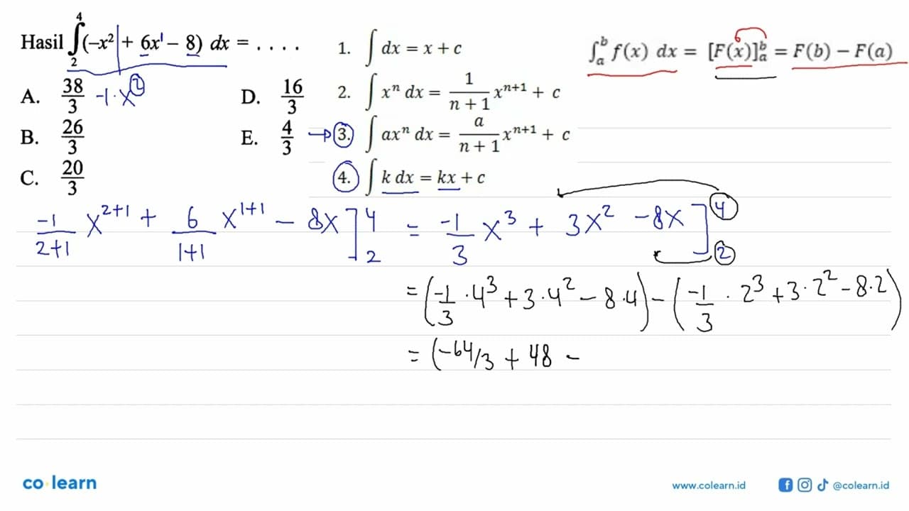 Hasil integral 2 4 (-x^2+6x-8) dx=...