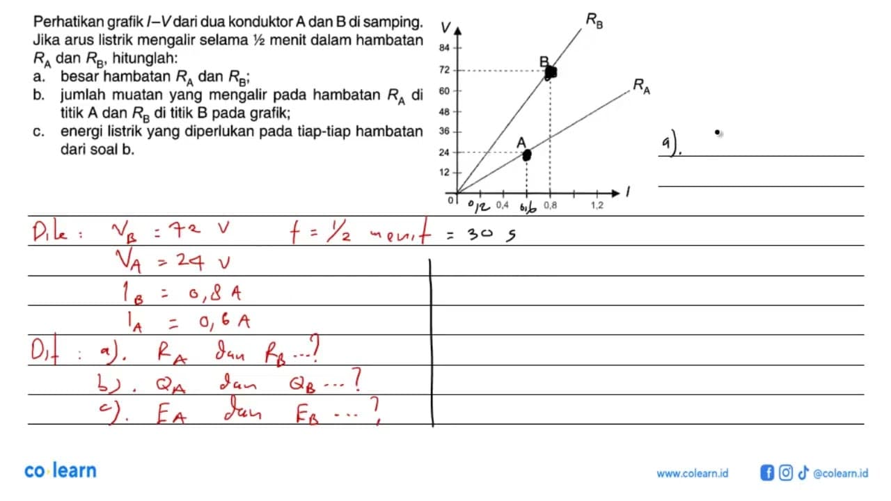 Perhatikan I-V dari dua konduktor A dan B di samping. Jika