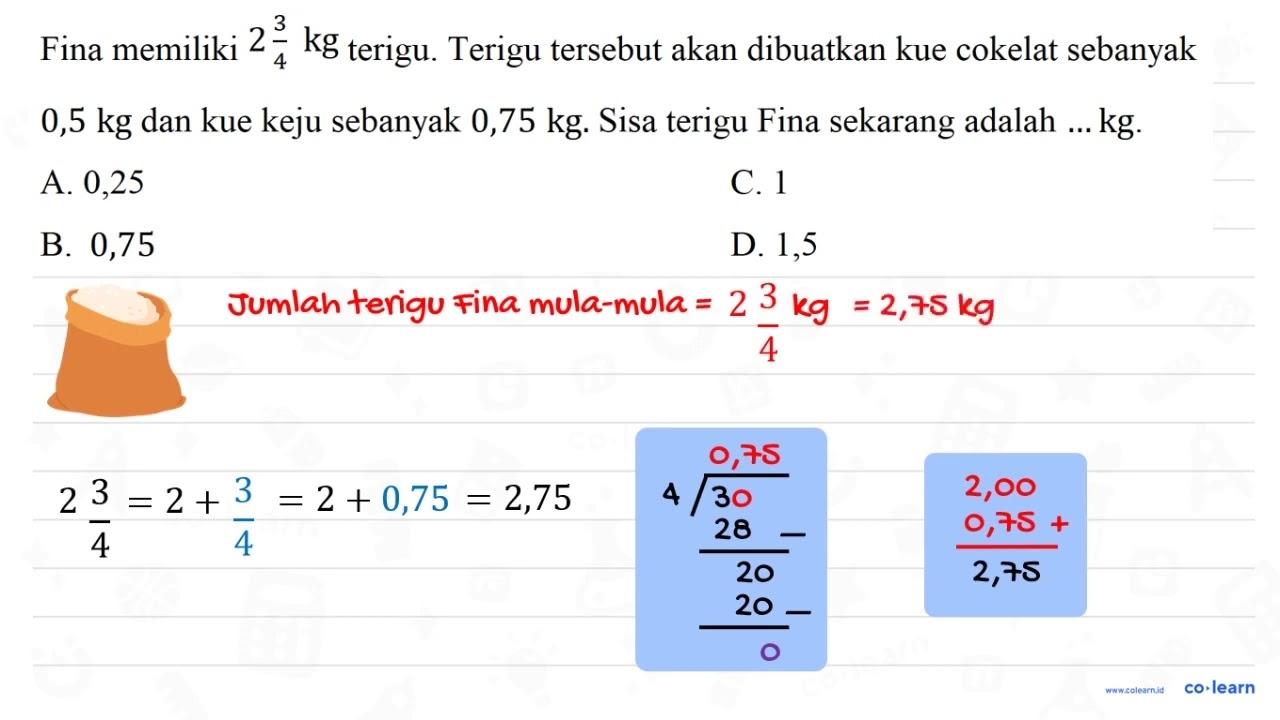 Fina memiliki 2 3/4 kg terigu. Terigu tersebut akan