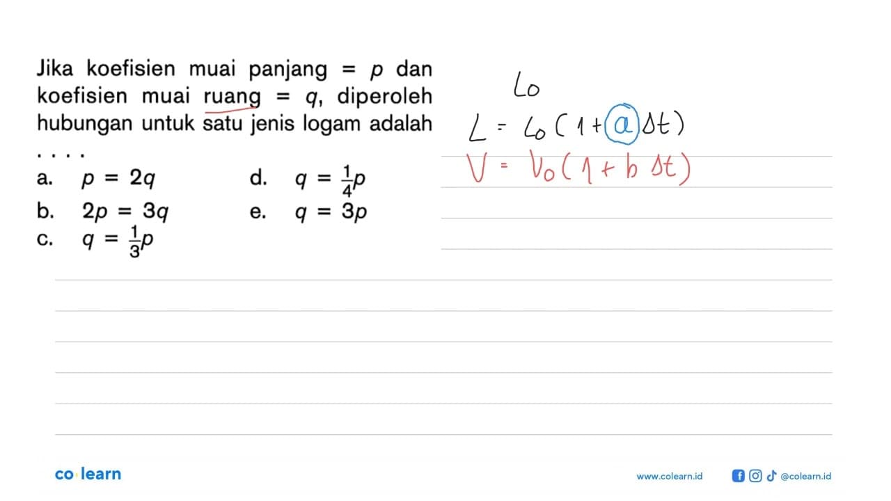 Jika koefisien muai panjang = p dan koefisien muai ruang =