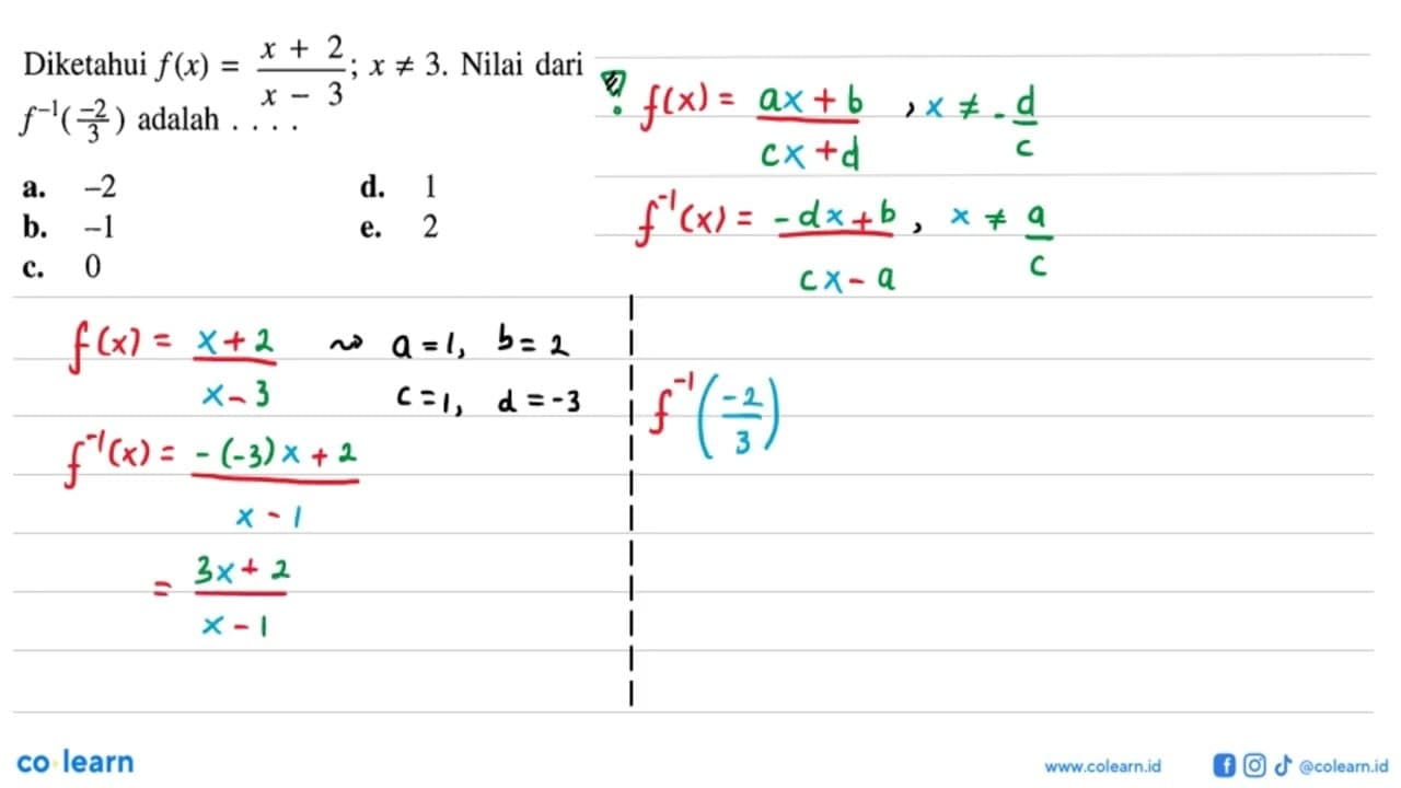 Diketahui f(x)=(x+2)/(x-3); x=/=3. Nilai dari f^(-1)(-2/3)