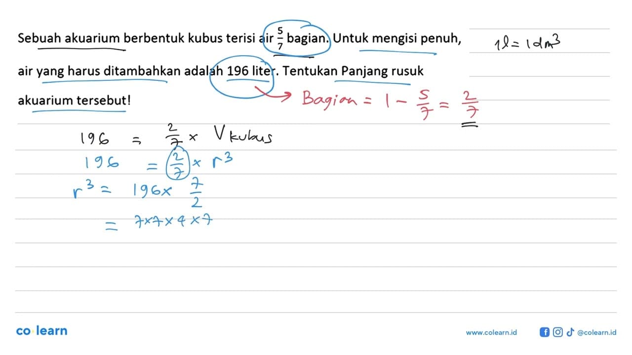 Sebuah akuarium berbentuk kubus terisi air 5/7 bagian.